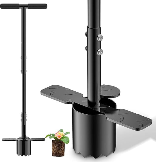 BreeRainz Bulb Planter Tool Long Handle,Height Adjustable Sod Plugger Tool w/ 3.5" Wide Serrated Base,Heavy Duty Dual-Peda Garden Tool for Planting Tulips, Iris, Daffodils,Soil Sampler Transplanting