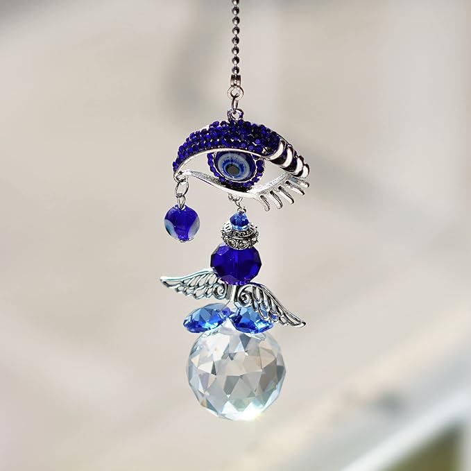 YU FENG Hanging Crystal Angel Suncatcher Blue Evil Eye Protection and Good Luck Charm Chandelier Lamps Pendant(12.5in)