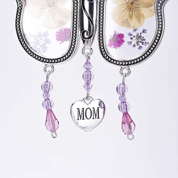 Laraine Butterfly Suncatcher with Pressed Colourful Flower Wings Mom Mother's Day Butterfly Glass Wind Chime Ornament Charm with Metal Heart Gifts for Mom Grandma Birthday (Yellow Mom)