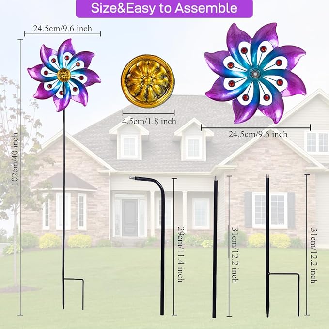 DREAMYSOUL Wind Spinners Outdoor, 9.6" Dia*40" H Metal Garden Pinwheels, Kinetic Wind Spinners for Yard and Garden Lawn Art Decor (Purple)
