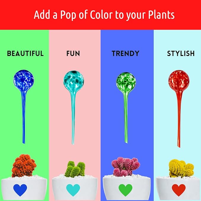 LGL Plant Watering Globes. Self Watering Planter Inserts Made from Hand-Blown Durable Glass. Self Watering Spikes to Support Plant Health. (4pk Small)