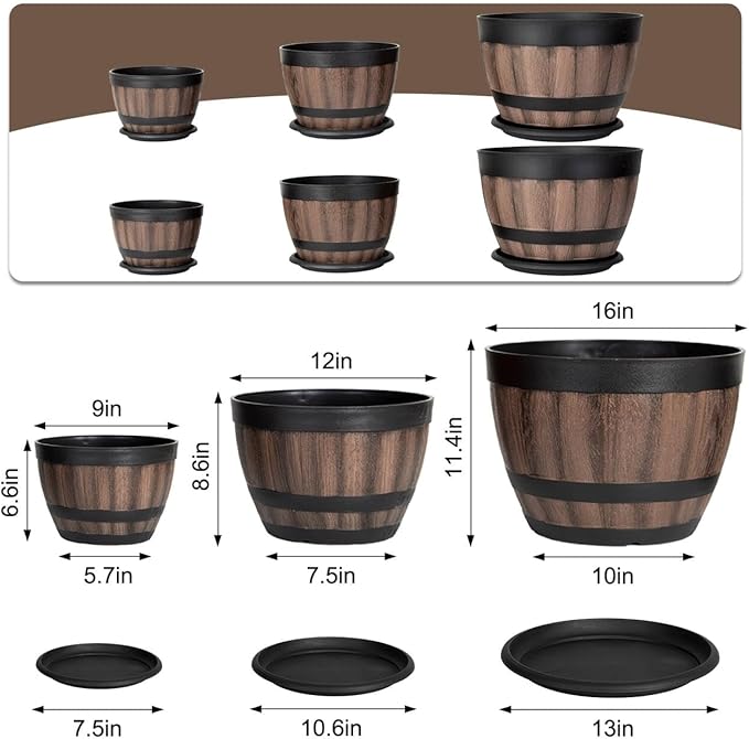 6 Pack Plant Pots with Drainage Holes, Include 2 Each of 16/12/9 inches Flower Pots with Saucers, Plastic Imitation Wine Barrel Design for Indoor Outdoor Garden Home Plants