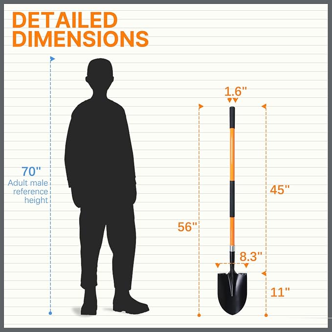 Shovel for Digging, 56 Inches Heavy Duty Shovel for Gardening, Round Shovel for Digging with Fiberglass Handle (Orange)