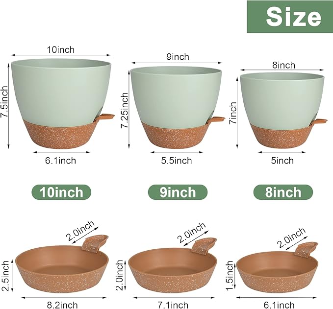 Planters for Indoor Plants, 10/9/8 Inch Self Watering Plant Pots with Drainage Hole, Plastic Planters Flower Pots for Indoor Outdoor Plants (Green)