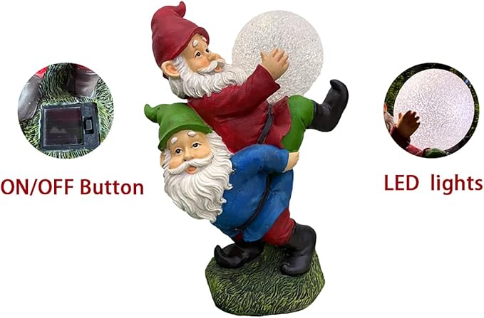 Solar Powered 2 Gnomes Playing with Ball, Decorated Solar Light, Garden Decorations Statues, Garden Light Decor for Lawn Ornaments, Resin Garden Figurines (2 Gnomes with a Glass Ball)