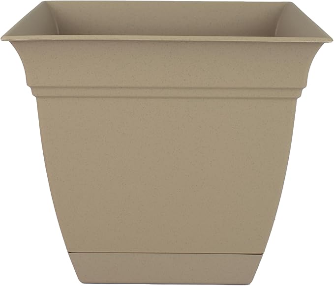 The HC Companies 8 Inch Eclipse Square Planter with Saucer – Indoor Outdoor Plant Pot for Flowers Vegetables Herbs, Sandstone