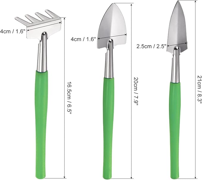 MECCANIXITY Gardening Tools 3 Pack Iron Spade Rake Transplanting Plants Care Digging Kits, Green