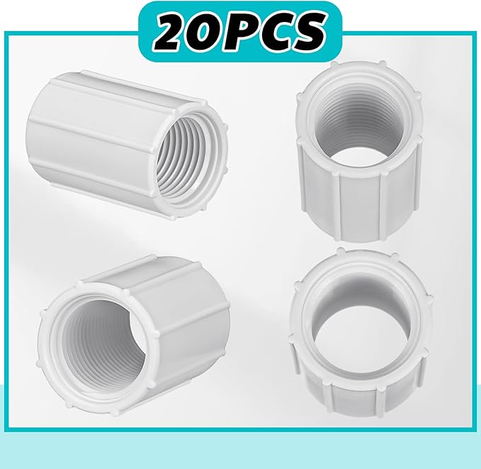 Yahenda 20 Pcs 1/2 Inch PVC Double Female Threaded Coupling Sprinkler Pipe Fitting Female Thread Pipe Fitting Garden Drip Irrigation System PVC Npt Coupler for Irrigation Tube Riser Extension (White)