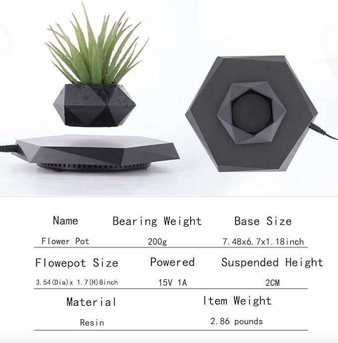 Magnetic Levitating Flower Pot Air Bonsai Black Hexagon Suspension Floating Plant Pot 360 Degree Rotation Pot Home and Office Desk Decor