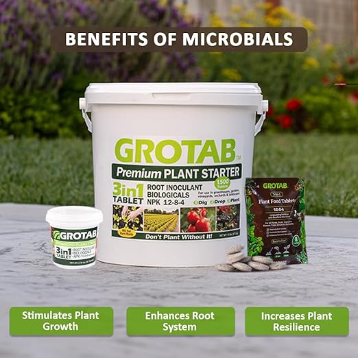 GROTAB 3-in-1 Plant Food Tablets 8 Tabs Natural 12-8-4 Plant Fertilizer Outdoor Indoor All-Purpose Flower Garden Vegetable Orchard Greenhouse Plant Fertilizer with Mycorrhizal Trichoderma Microbials