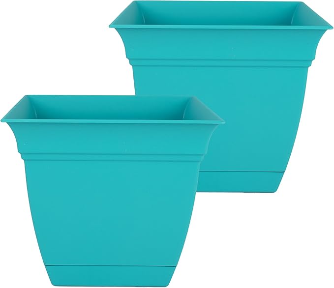 The HC Companies 12 Inch Eclipse Square Planter with Saucer – Indoor Outdoor Plant Pot for Flowers Vegetables Herbs, Teal (Pack of 2)
