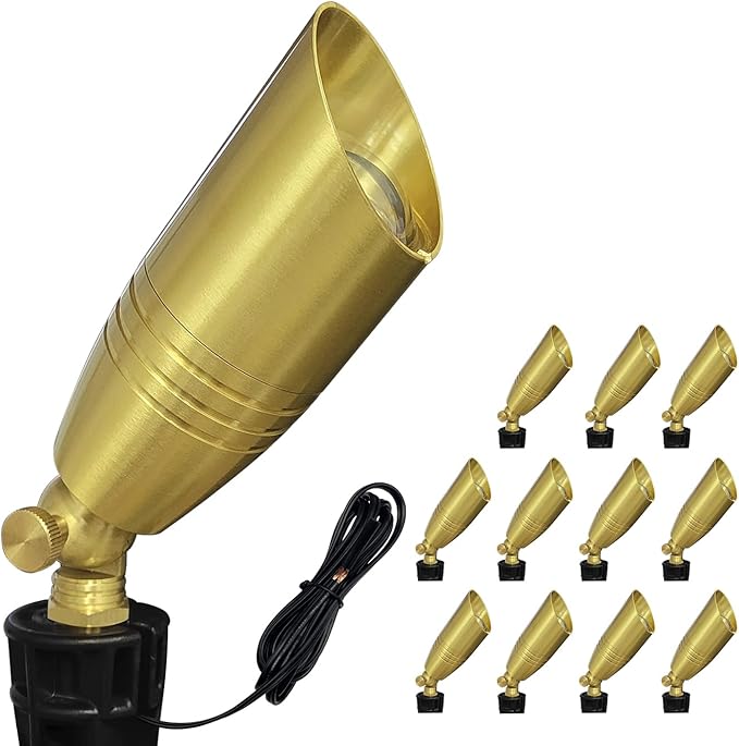 COLOER Die-cast Brass Landscape Spotlight 12-Pack Without Bulb,12V AC/DC Low Voltage Copper Outdoor Lighting with Ground Stake, Directional Garden Patio Spot Up Light (102B Brass Finish)