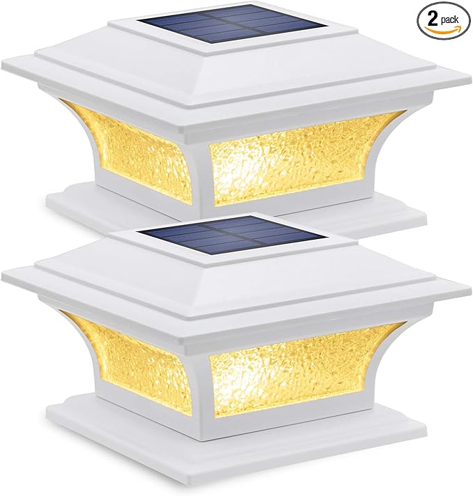 SIEDiNLAR Solar Post Lights Outdoor Glass LED Fence Cap Light 2 Modes for 4x4 5x5 6x6 Posts Patio Deck Garden Decoration Warm White/Cool White Lighting White (2 Pack)
