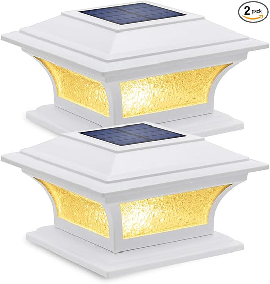 SIEDiNLAR Solar Post Lights Outdoor Glass LED Fence Cap Light 2 Modes for 4x4 5x5 6x6 Posts Patio Deck Garden Decoration Warm White/Cool White Lighting White (2 Pack)