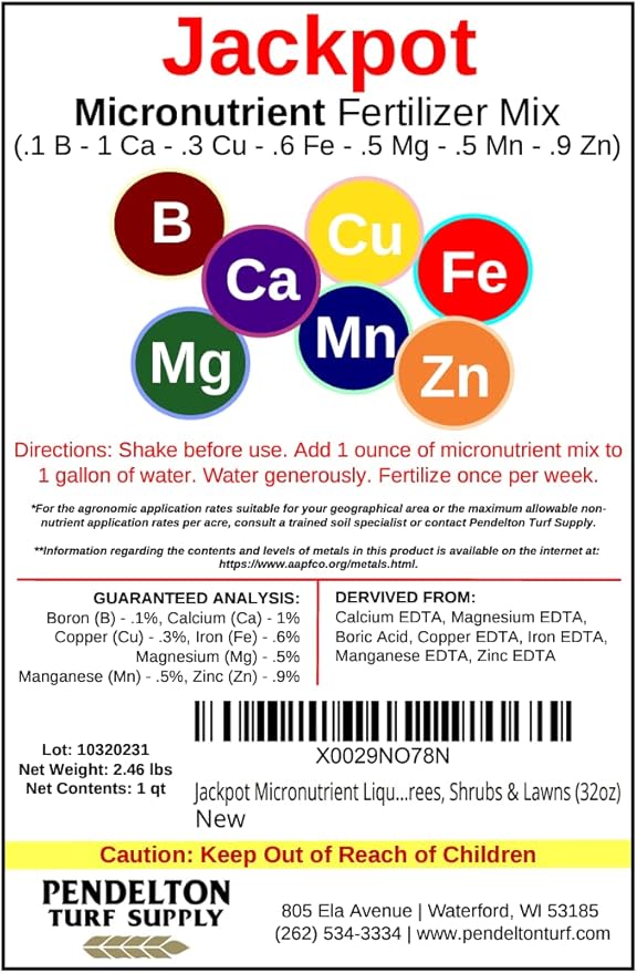 Pendelton Turf Supply Jackpot Micronutrient Liquid Fertilizer Mix | Indoor & Outdoor | for Plants, Flowers, Vegetable Gardens, Trees, Shrubs & Lawns (32oz)