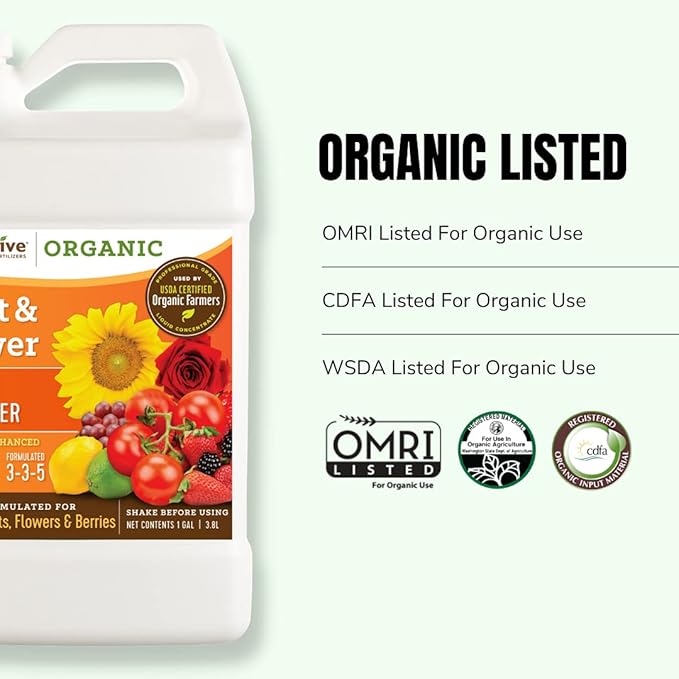 AgroThrive Fruit and Flower Organic Liquid Fertilizer - 3-3-5 NPK (ATFF1128) (1 Gal) for Fruits, Flowers, Vegetables, Greenhouses and Herbs