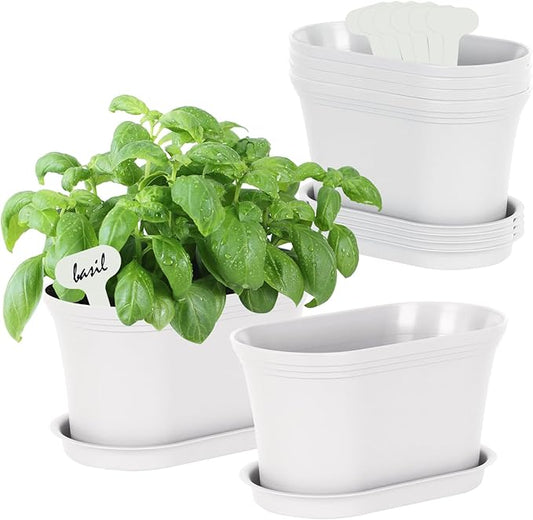 Windowsill Garden Pots, White Plastic Flower Pots with Drainage Tray for Herb, Succulents, African Violet (Pack of 6)
