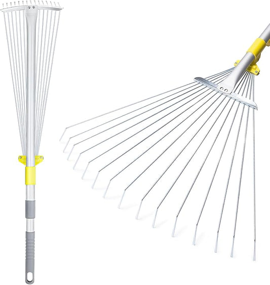 JARDINEER Adjustable Metal Leaf Rake, for Leaves Shrubs and Small Areas in Garden, Yard, Lawn, with Expandable Head 7-23", for Men Women Kids