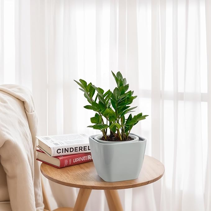 6 Inch Self Watering Pots for Indoor Plants,African Violet Pots, Easy Plant Self Watering Planter, Ceramic Plant Pot with Absorbent Inner Pot for Flowers,Indoor Flower Pots-Grey