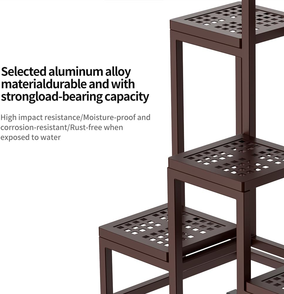 Plant Stand - Aluminum Indoor/Outdoor Flower Rack, Waterproof & Rust-Proof, Stable Support for Pots, Perfect for Living Room, Balcony, Garden, and Office (Brown, 6 Tier)
