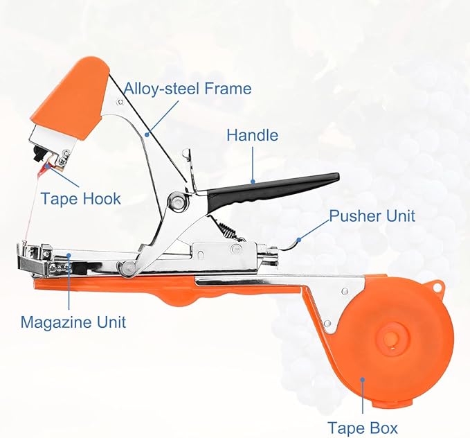 FUNTECK Plant Tying Machine to Tie Tomatoes Peppers and Cucumbers Quickly and Easily, Great for Gardeners Farmers, Including Spare Parts, Tapes and Staples, Orange