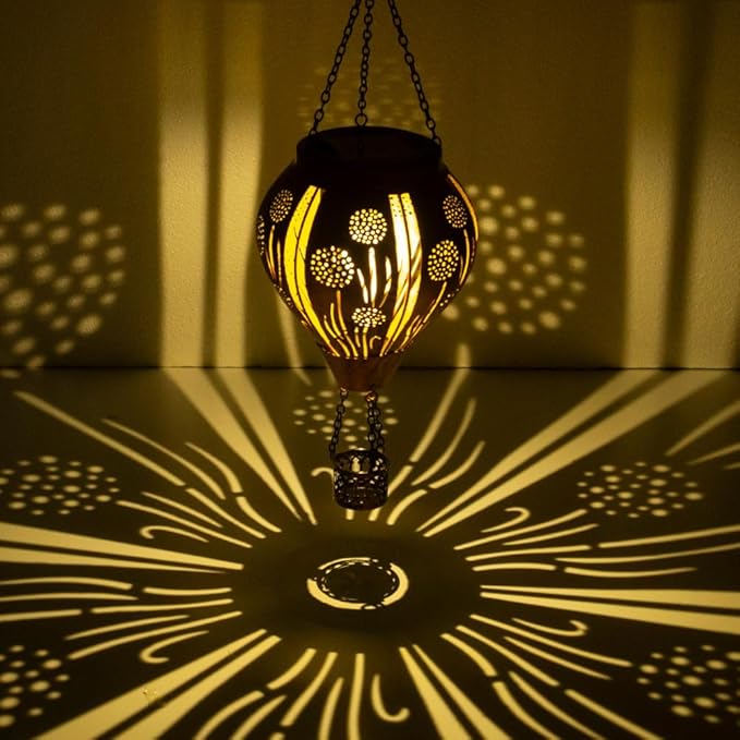 Hot Air Balloon Solar Lantern, Dandelion Hollow Out Solar Powered Hot Air Balloon Lantern Outdoor Waterproof, Copper Hanging Hots Airs Balloons Solars Light for Outdoor Patio Garden Decor