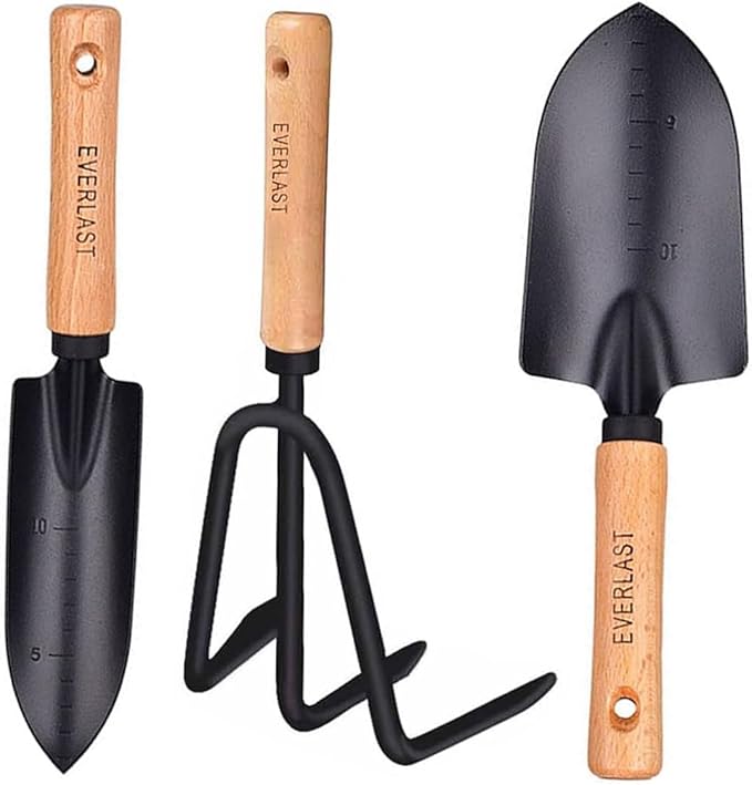 Garden Tools Set-Garden Trowel,3 Piece Heavy Duty Gardening Kit Gift for Mens and Womens,Large Succulent Plant Transplant Trowel Set,1 Narrow Shovel,1 Wide Shovel and 1 Garden rake Tools Set