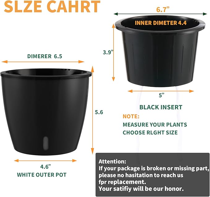 Planterhoma 6.7 Inch Self Watering Pots for Indoor Plants, 6 Packs African Violet Pots with Water Indicator and Black Wick Pots, Self Watering Planters for Devil's Ivy, Indoor Plant Pots, Black