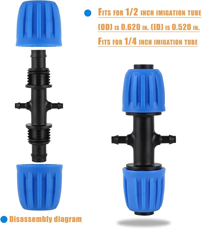1/2 to 1/4 Inch 4-Way Barbed Fitting,Irrigation Tubing Variable Diameter Connectors,for 1/2 Inch (OD 0.620 in.ID is 0.520. in Irrigation Poly tubing and 1/4 Irrigation tubing(10 Pcs Blue)
