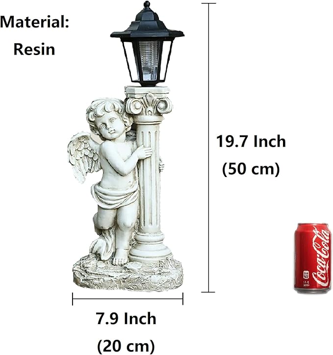 Angel Statue with Solar Lights (Left) 19.7 Inch, Outdoor Solar Angel Garden Statue with Roma Pillar for Garden Lawn Deocr, Christian Religious Gift