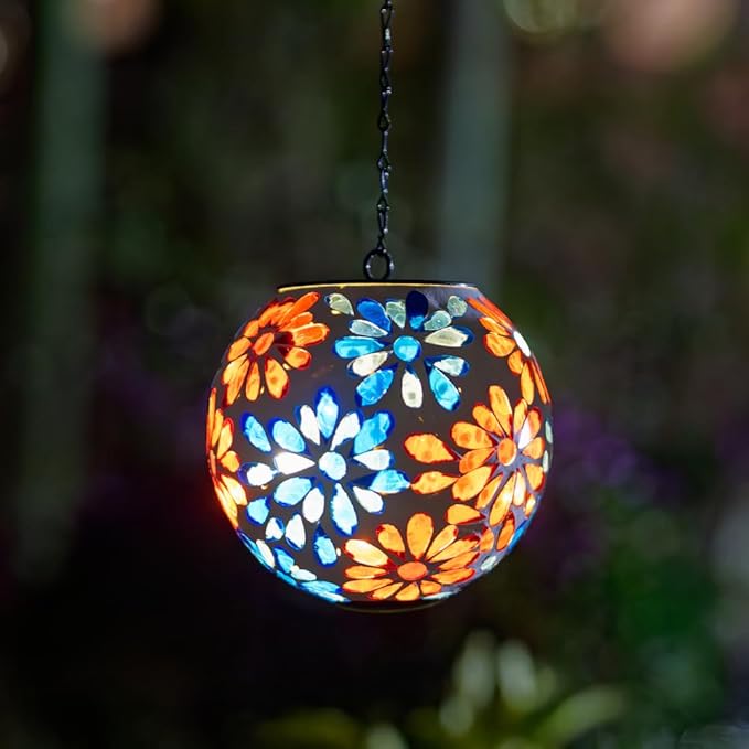 Solar Lanterns Outdoor Waterproof, Hanging Mosaic Flower Solar Lantern with Hook, Hanging Gazing Ball Globe Lantern for Garden Patio Yard Decor