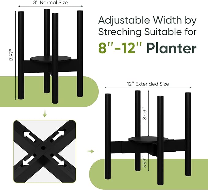 2 Pack Adjustable Plant Stand, Bamboo Plant Stand Indoor with Tray, Wood Plant Stand for 8 to 12 inches Flower Pots, Single Mid-Century Modern Plant Stand for Indoor Plants, Black