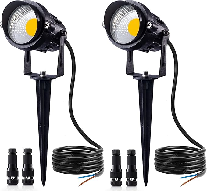 SUNVIE 12W Low Voltage Landscape Lighting Waterproof LED Landscape Lights 3000K Garden Pathway Lights 12V Outdoor Spotlights with Spike Stand, 2 Pack with Connectors