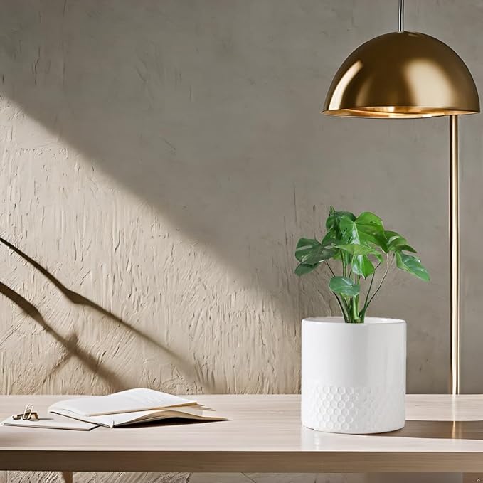 Docrin Ceramic Planters Indoor: 8 Inch Plant Pots with Drainage Holes for Home/Office - White Honeycomb