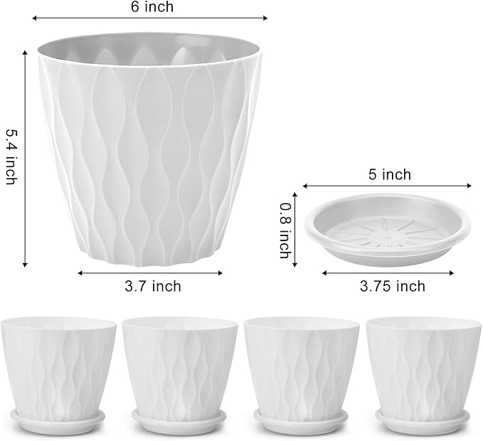 6 inch Plant Pots, 5 Pack Flower Pots Outdoor Indoor, Planters with Drainage Hole and Tray Saucer.