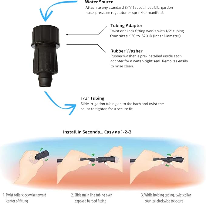 3-Pack 1/2 Inch Drip Irrigation Tubing to Faucet/Garden Hose Adapter - Reusable Connector Fittings for Most Rain Bird, Orbit, Dig, Toro 1/2 or 5/8 Tubing x 3/4" FHT