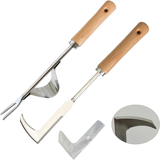 2 Pcs Stainless Steel Manual Weeder Tool Set - V-Shaped Fork & Crack Weeder for Deep Root Digging, Crevice Weeding Tool, Wood Handle Gardening Tool