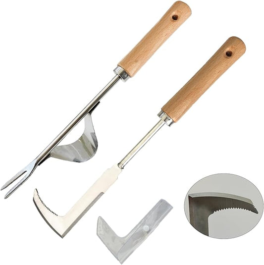 2 Pcs Stainless Steel Manual Weeder Tool Set - V-Shaped Fork & Crack Weeder for Deep Root Digging, Crevice Weeding Tool, Wood Handle Gardening Tool