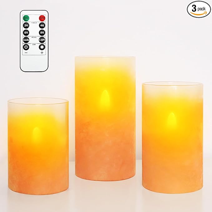 Orange Flameless Candles - Battery Operated Candles with Remote Orange Glass Sandblasted Design Wax Unscented - Centerpieces for Dinner Table Tray House Warming Thanksgiving Gifts
