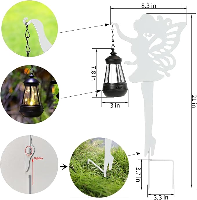Solar-Garden-Lamp 2 Pack Metal Fairy Hanging Lanterns, Solar Outdoor Decorative Stake Ornaments for Lawn, Patio or Courtyard, White