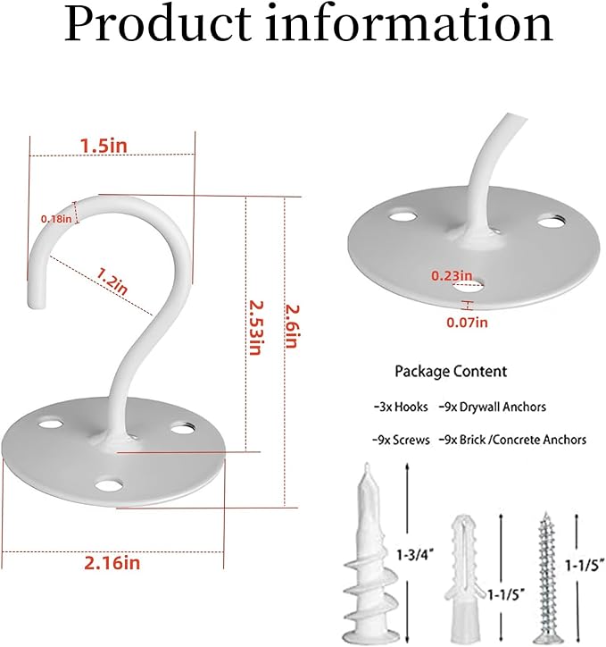 Ceiling Hooks for Hanging Plants - Metal Heavy Duty Wall Mounted Hangers for Hanging Bird Feeders, Planters, Wind Chimes, Include Professional Drywall Anchors (3-Pack (White)