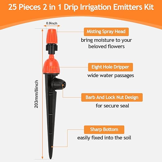 2 in 1 Drip Irrigation Emitters and Atomizing Nozzle for 1/4" Drip Irrigation Tubing, 25 Pcs Adjustable 360 Degree Water Flow Drippers Sprinklers Fittings for Garden Watering System
