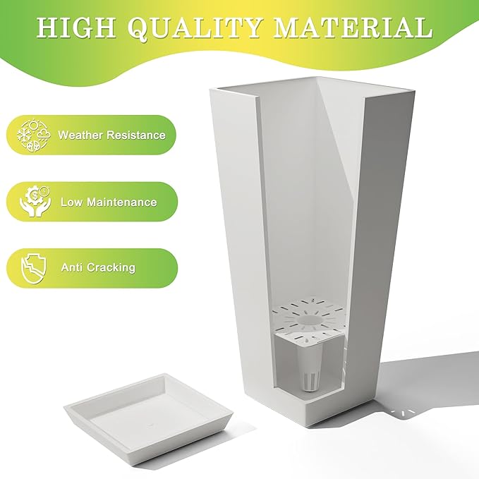 Set of 2 Large Tall Planter for Indoor or Outdoor 24" Tall Flower Pots Tapered Tall Planters with Tray for Porch, Patio, Backyard, Large Planters for Outdoor Indoor Plants(White)