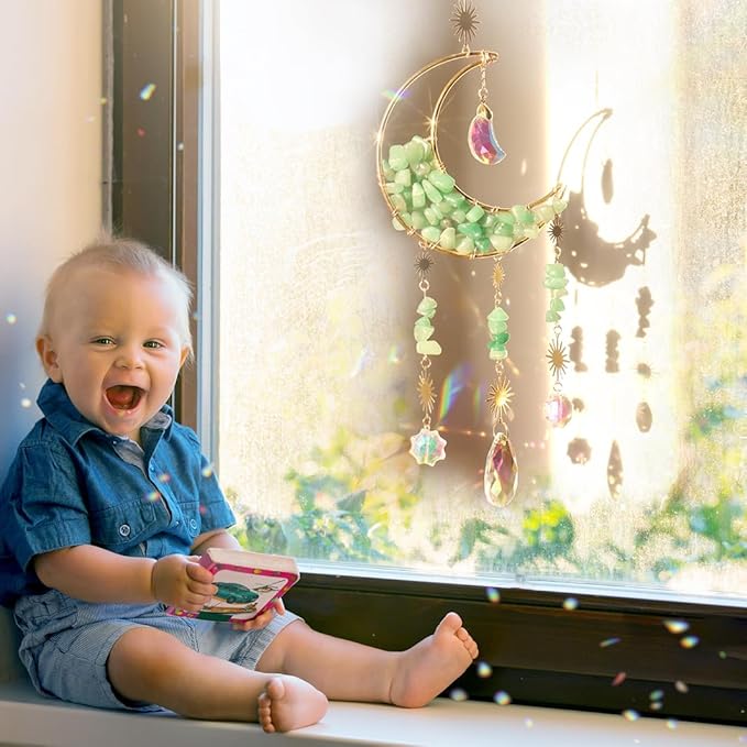 Crystal Suncatcher Hanging Moon Sun Light Catcher with Glass Prisms for Window Natural Green Quartz Decor Home Indoor Making Rainbows