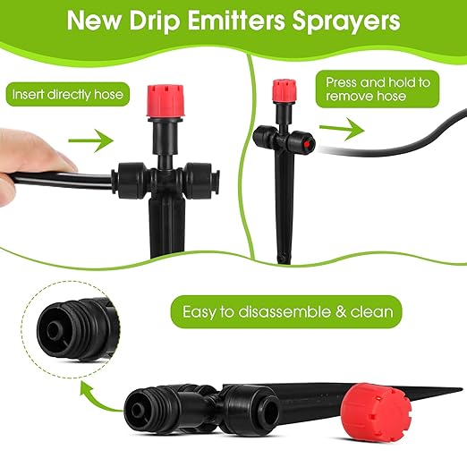 25 Pcs Drip Irrigation Emitters with Stake - Adjustable Drip Emitter Stream for 1/4" Drip Line Irrigation Tubing - Drip Irrigation System Parts Drippers Sprinkler Heads for Garden Watering System -Red