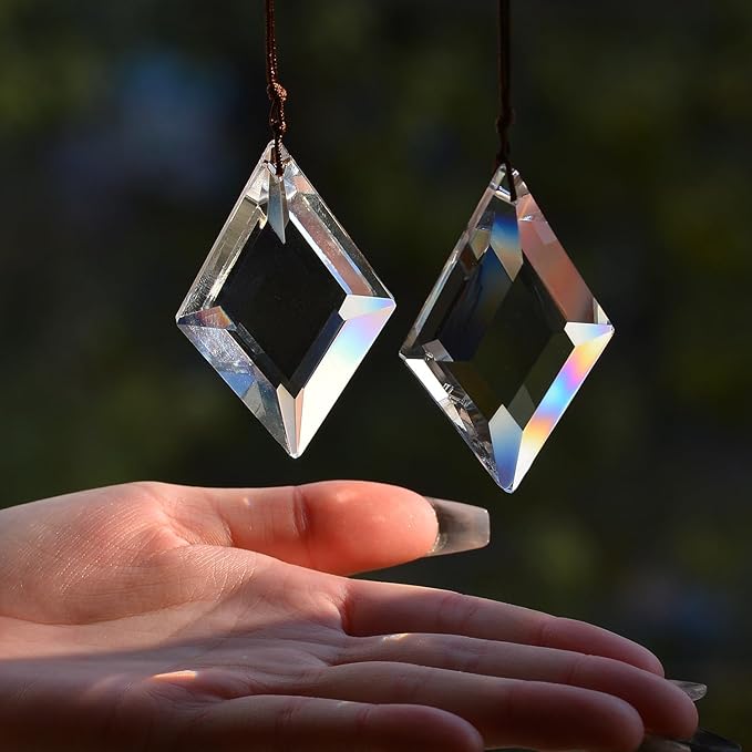 2PCS Clear Rhombus Crystal Sun Catcher Prisms, STINO Hanging Suncatchers with Glass Prism, Rainbow Maker for Windows, Balcony, Kitchen, Garden Decoration (1, Rhombus Clear 2Pcs)
