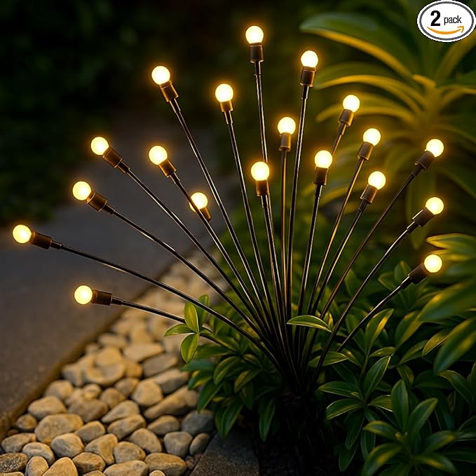 Solar Garden Lights, 2-Pack Dual Mode 20-LED Waterproof Outdoor Solar Firefly Lights for Yard, Patio, Pathway – Warm White Ambiance