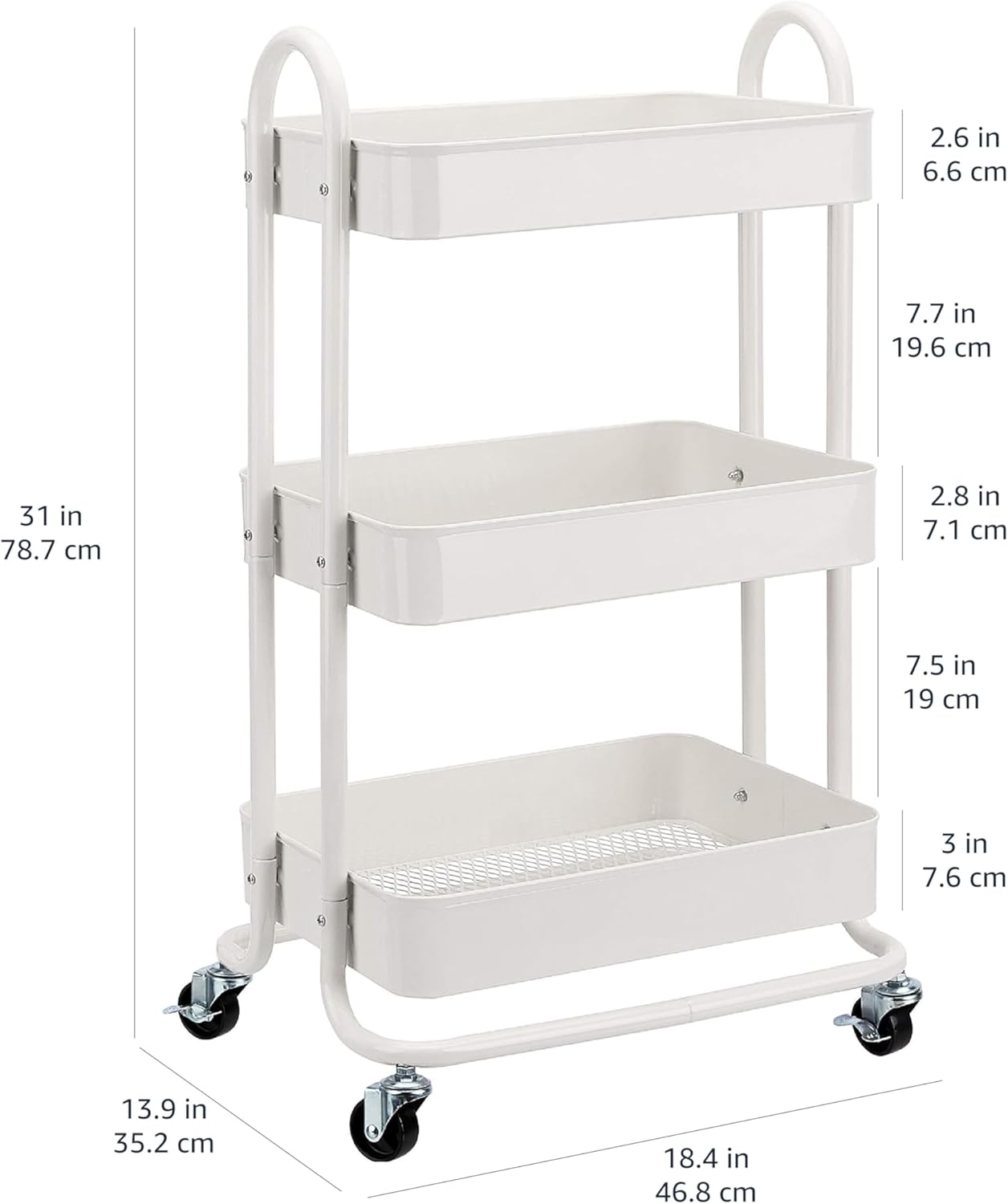 Amazon Basics 3-Tier Rolling Utility or Kitchen Cart, Lockable Wheels, Multifunctional Storage, White