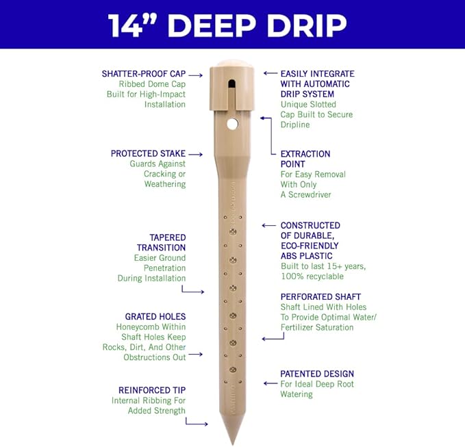 Underhill Deep Drip Irrigation Stakes 14-1/2-Inch, Case of 25 Watering Spikes for Trees and Bushes with Shallow Roots, Drip System Tubes, A-DD14-25