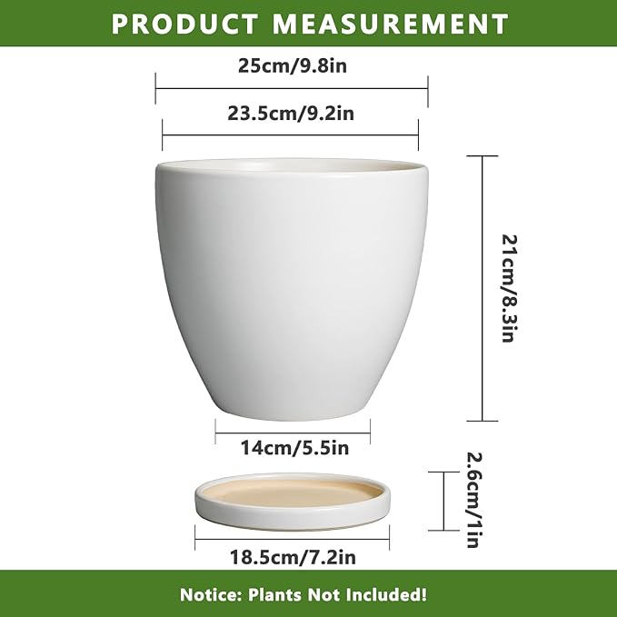Ceramic Planter - 10 Inch Plant Pot with Drainage Hole and Tray, Flower Pot Planters for Indoor Plants, Modern Room Garden Patio Bathroom Living Room Porch Home Decor， White